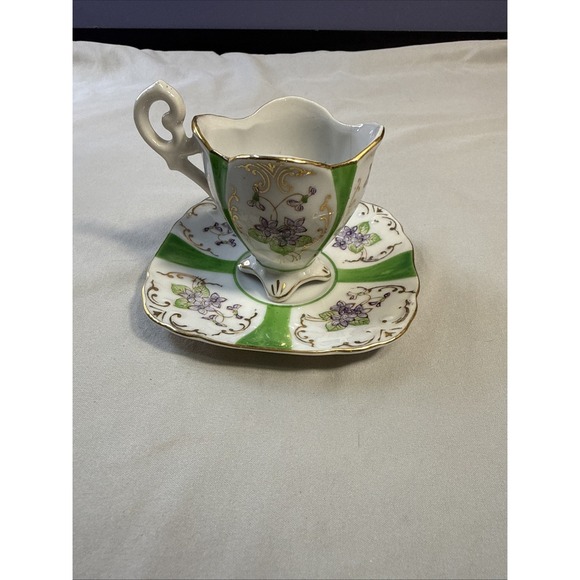 Japan Rags Other - Vtg Hand Painted Japan Demitasse Cup Saucer Footed Green Gold Purple Floral